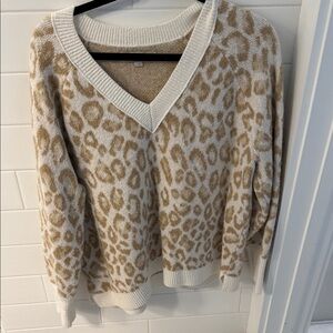 LOFT Cream and Brown Leopard V-Neck Sweater